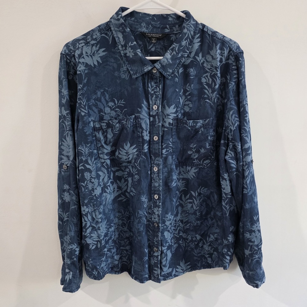 Liverpool Womens Lyocell Floral Button‎ Up Top Sz XL Petite Chambray Euro Summer